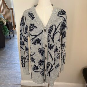 Loft Women’s Wool Blend Button Up Cardigan Sweater Nay Gray Tulips Sz S Cozy